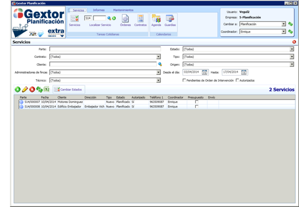 Software de Planificación, menú de servicios